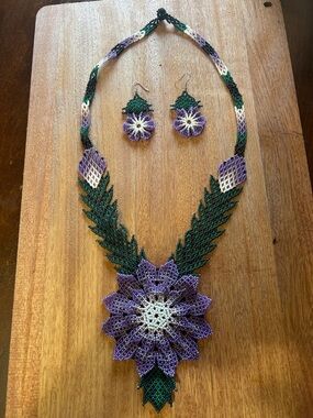 Handcrafted Purple Floral Seed Bead Necklace & Earring Set